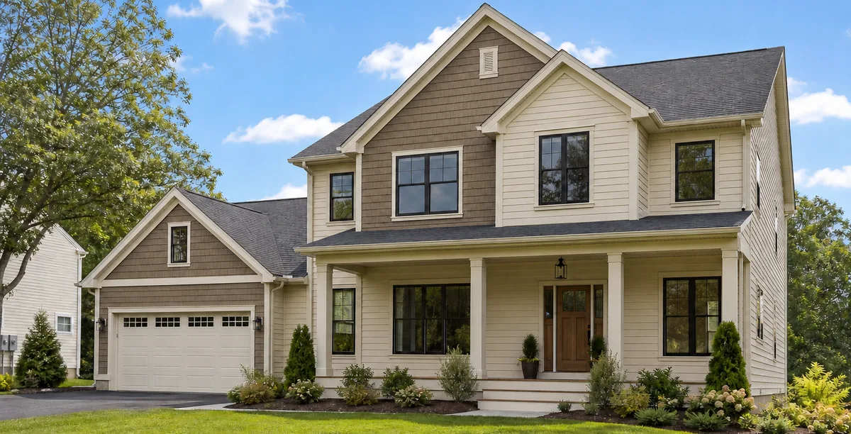 Two-story home before exterior repainting.