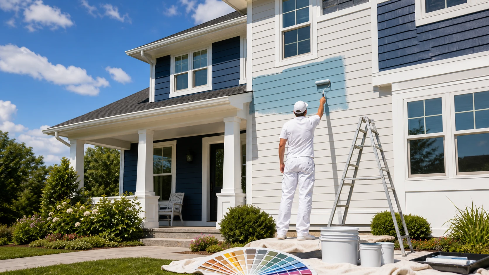 A professional ColorCraft painter seen from behind applying fresh exterior paint to a modern two-story home.