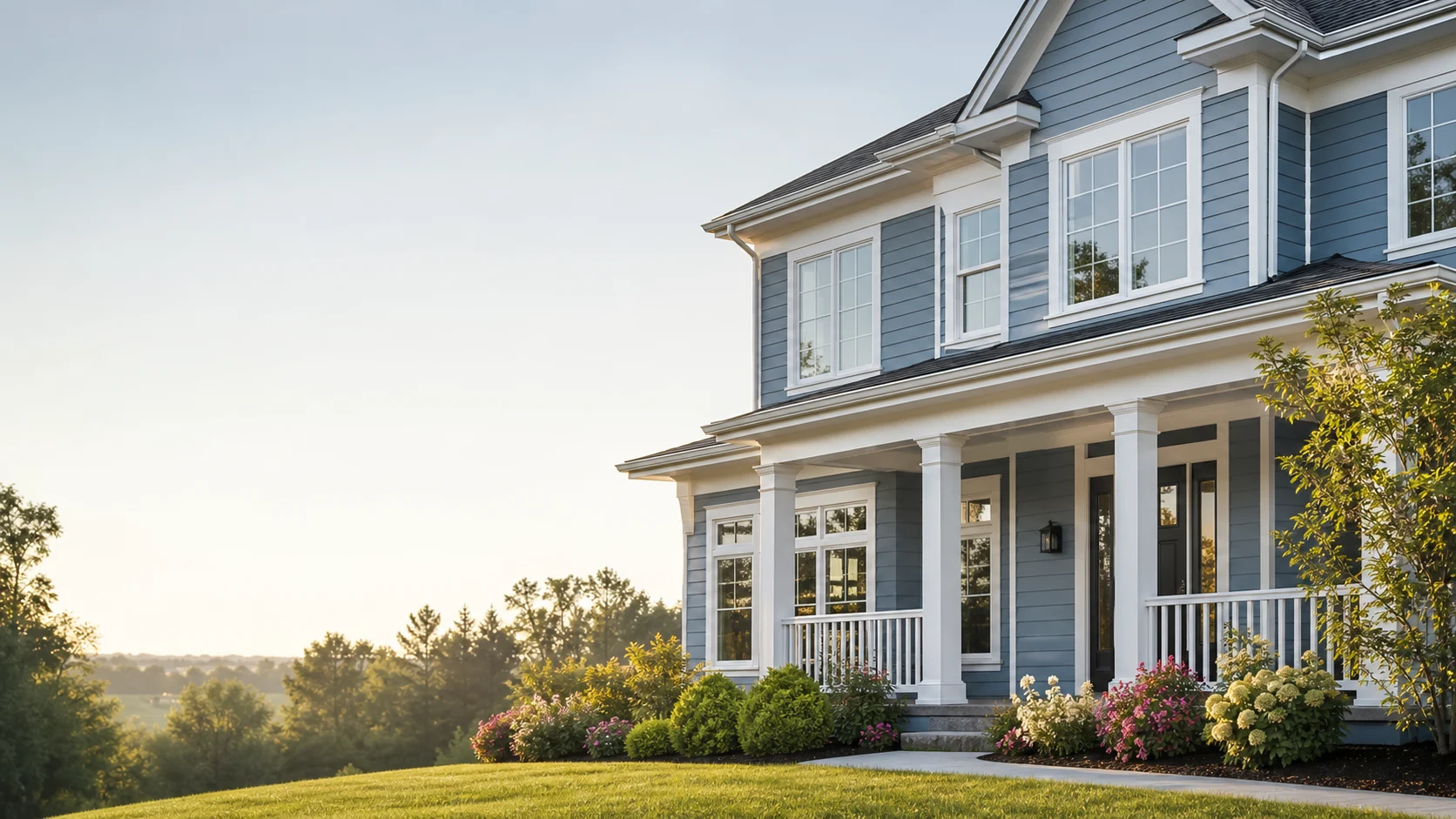 Freshly painted blue and white home used as a subtle background for ColorCraft client reviews.