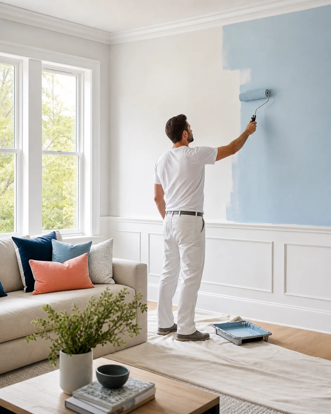 Professional painter applying a soft blue finish in a bright, carefully prepared living room.