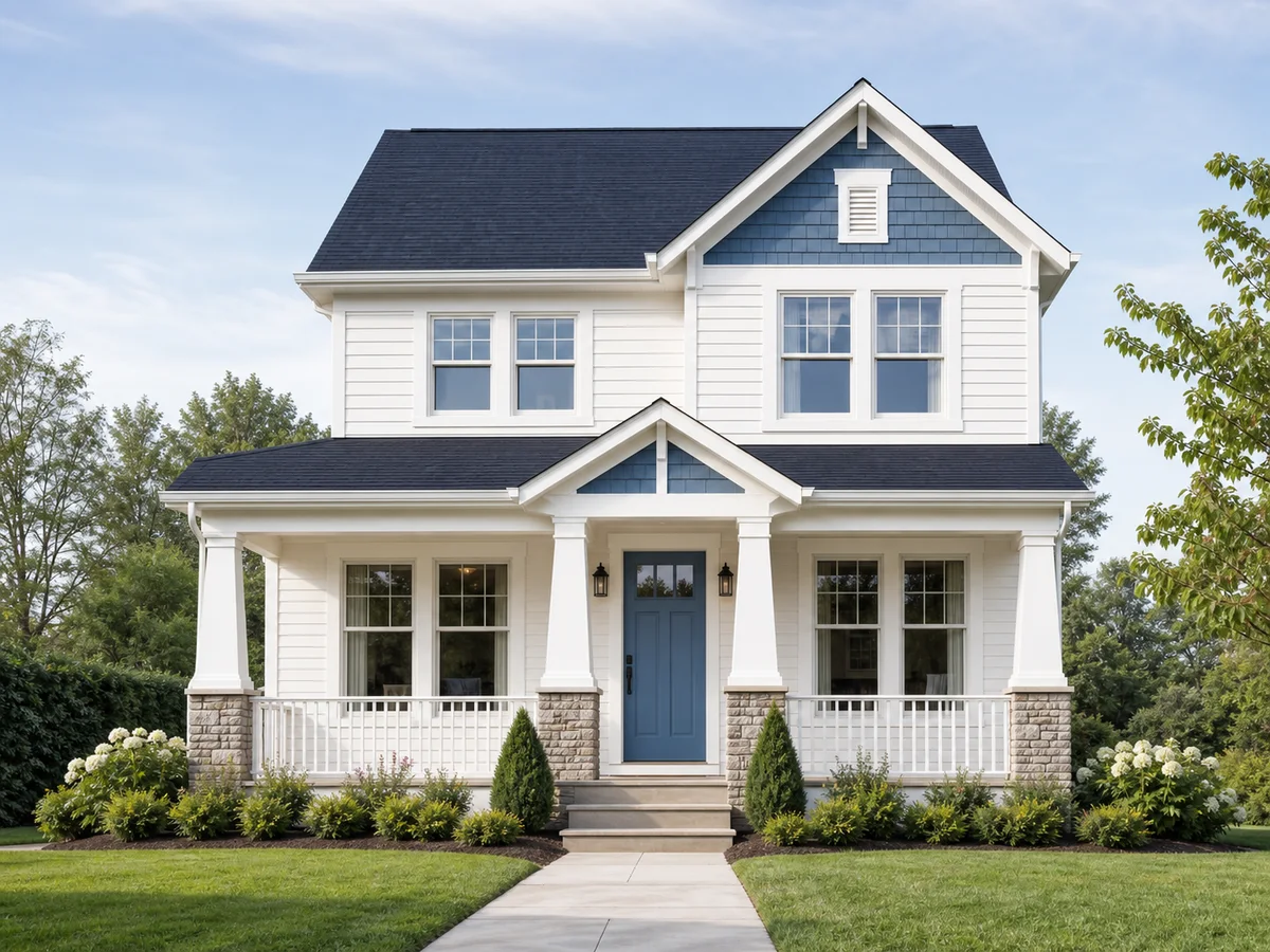 Fresh and airy exterior palette on a centered two-story home with warm white siding and clear blue accents.