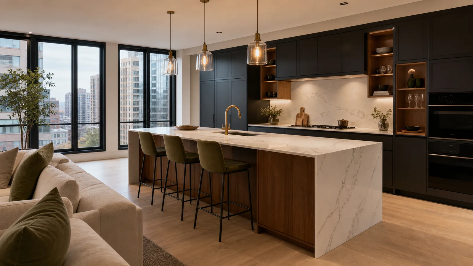 Completed HavenCraft apartment kitchen renovation with charcoal cabinetry and a marble island.