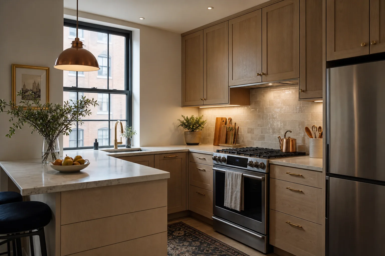 Apartment kitchen refined with warm oak cabinetry, stone worktops, new lighting, and brass hardware.