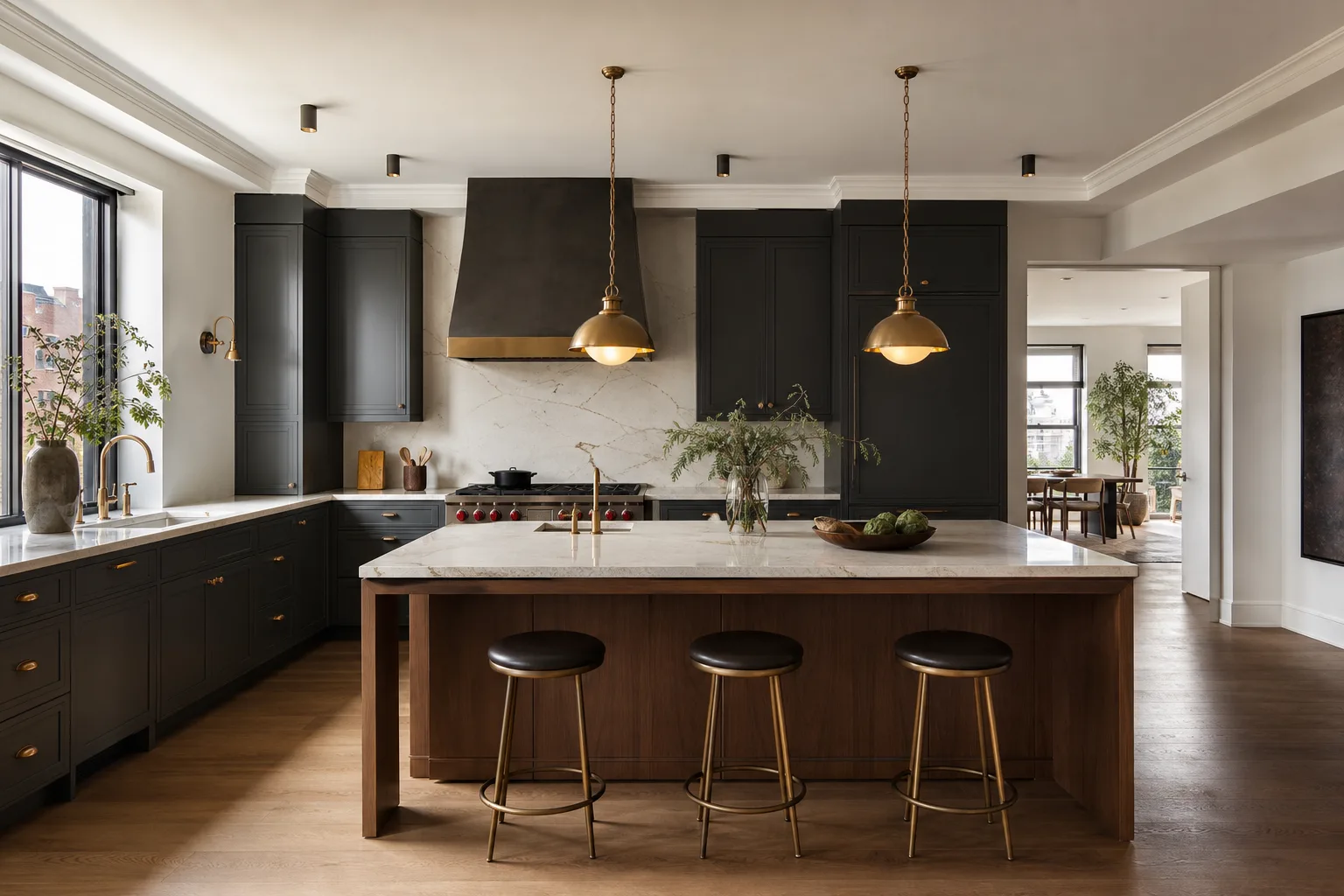 Complete apartment kitchen renovation with charcoal cabinetry, walnut island, stone surfaces, and coordinated lighting.