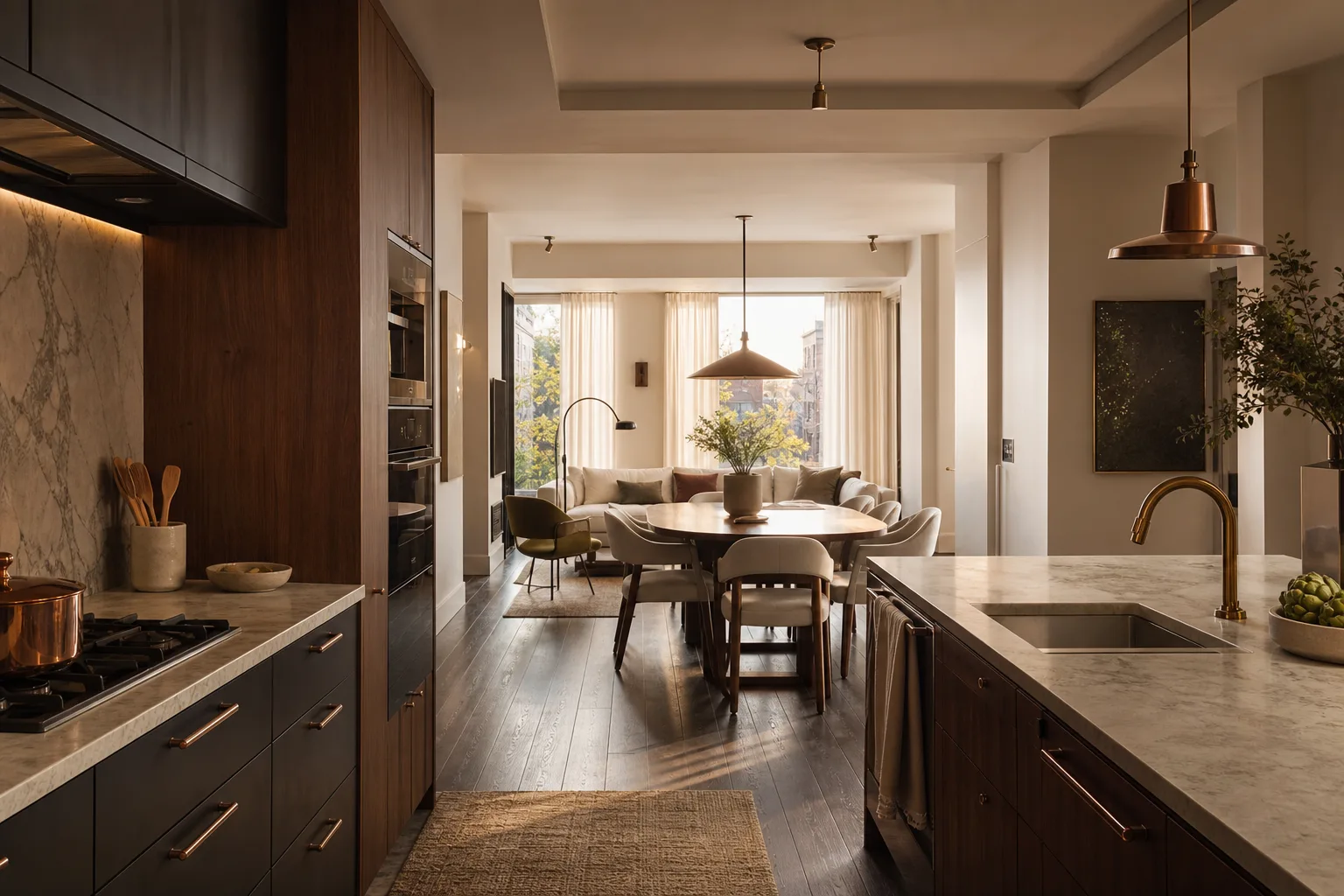 Connected apartment kitchen, dining, and living areas unified by walnut, cream stone, and warm metal details.